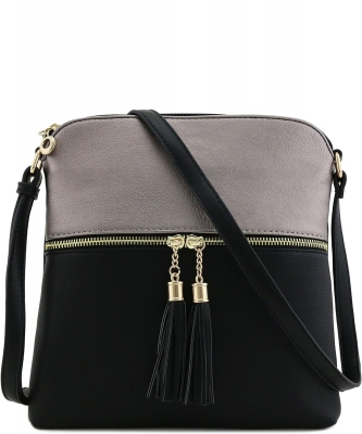 Fashion Puzzle Tassel Zip Pocket Crossbody Bag LP062S PEWTER/BLACK